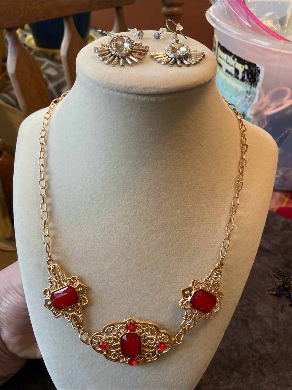 Gold Tone Necklace with Red Accents & 2 Pairs of Earrings